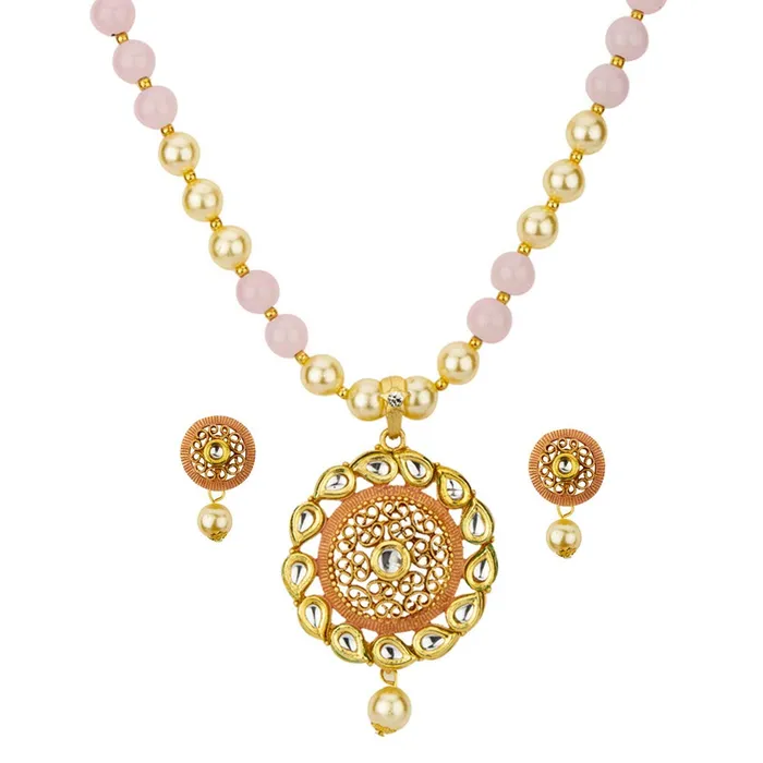 Yellow Chimes Earrings Yellow Chimes Latest Modern Pearl Kundan Traditional Adorable Necklace With Stud Drop Earrings For Women Pink