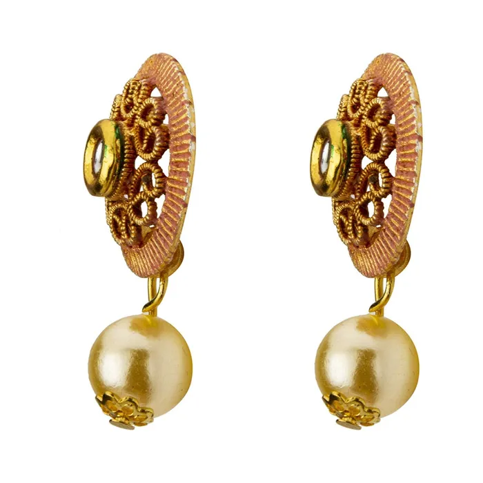 Yellow Chimes Earrings Yellow Chimes Latest Modern Pearl Kundan Traditional Adorable Necklace With Stud Drop Earrings For Women Pink