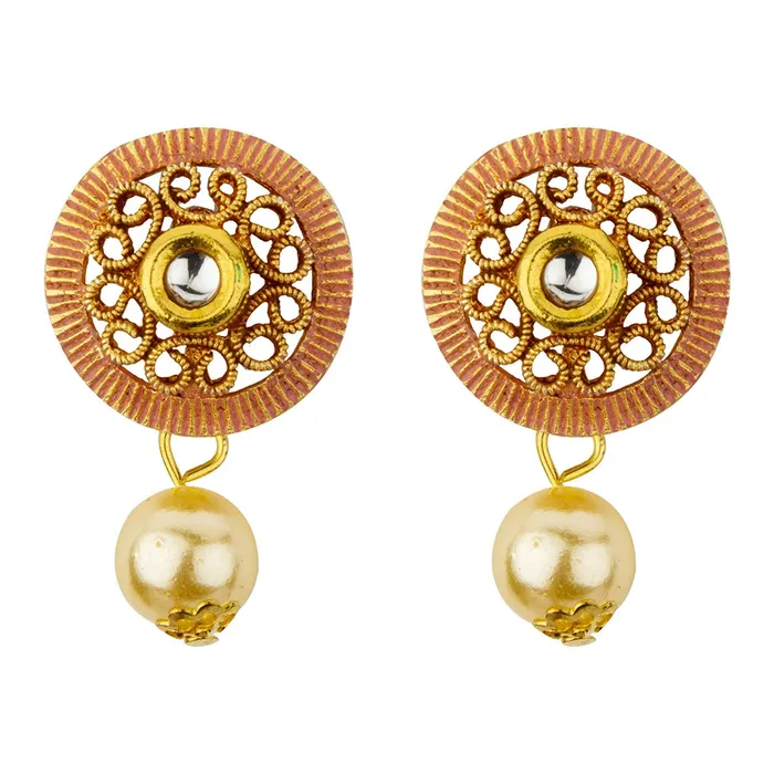 Yellow Chimes Earrings Yellow Chimes Latest Modern Pearl Kundan Traditional Adorable Necklace With Stud Drop Earrings For Women Pink