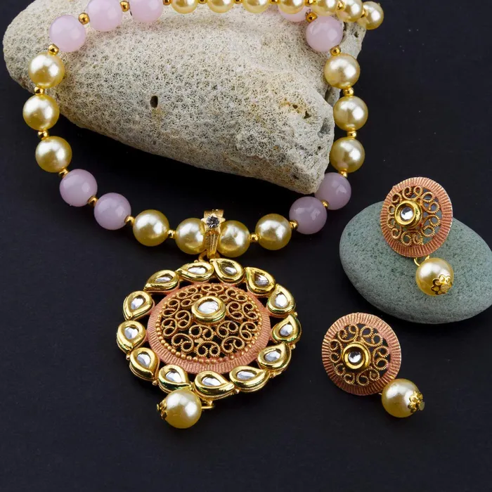 Yellow Chimes Earrings Yellow Chimes Latest Modern Pearl Kundan Traditional Adorable Necklace With Stud Drop Earrings For Women Pink
