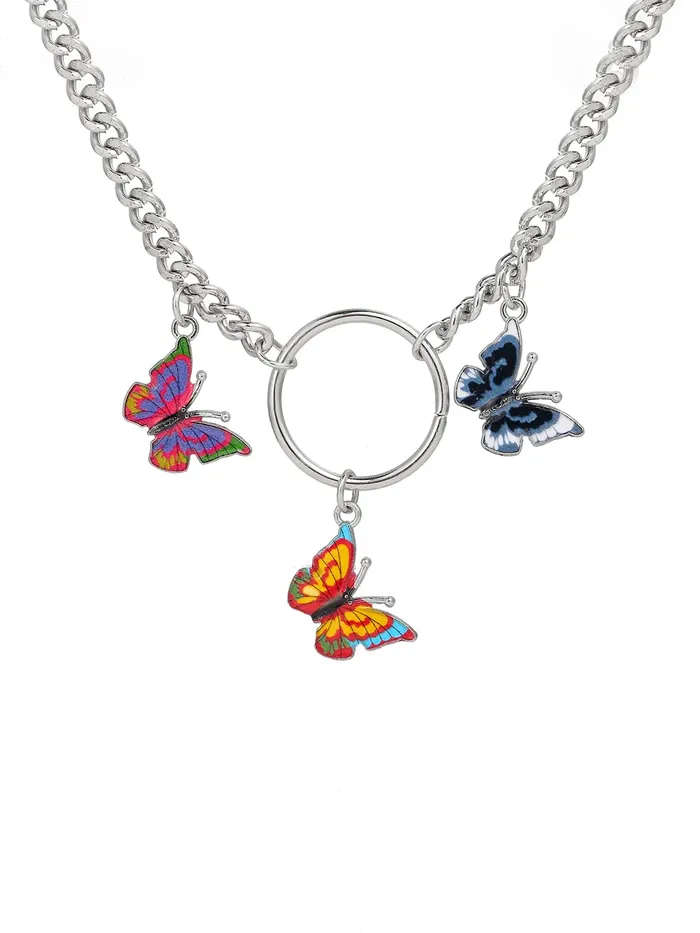 Yellow Chimes Earrings Yellow Chimes Necklace For Women Silver Tone Linked Chain With Multicolor Three Butterfly Charm Hanging Necklace For Women and Girls