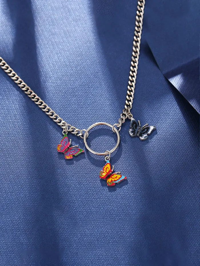 Yellow Chimes Earrings Yellow Chimes Necklace For Women Silver Tone Linked Chain With Multicolor Three Butterfly Charm Hanging Necklace For Women and Girls