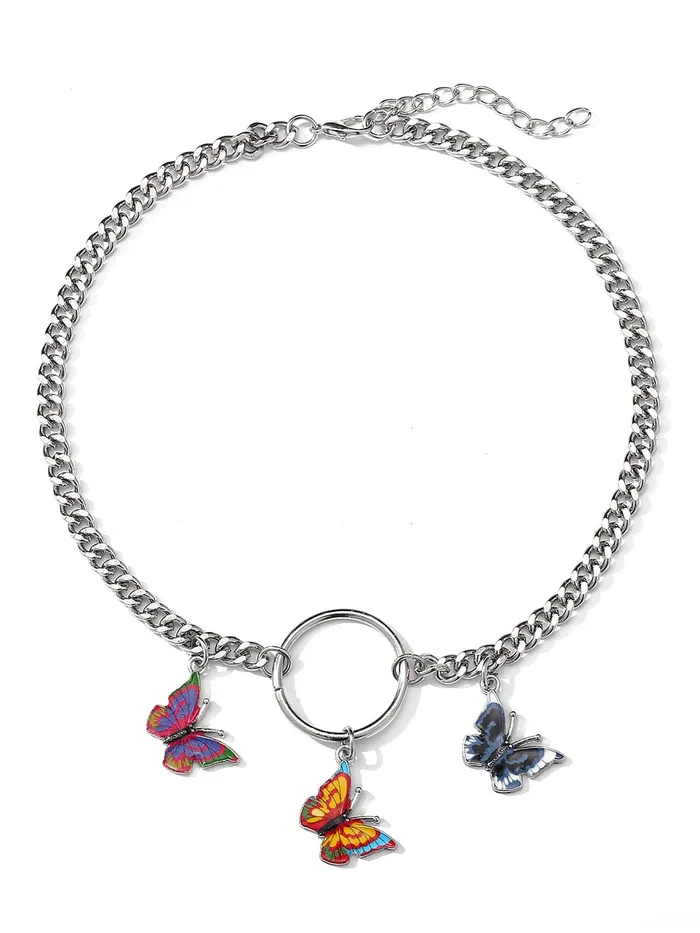 Yellow Chimes Earrings Yellow Chimes Necklace For Women Silver Tone Linked Chain With Multicolor Three Butterfly Charm Hanging Necklace For Women and Girls