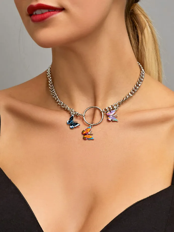 Yellow Chimes Earrings Yellow Chimes Necklace For Women Silver Tone Linked Chain With Multicolor Three Butterfly Charm Hanging Necklace For Women and Girls
