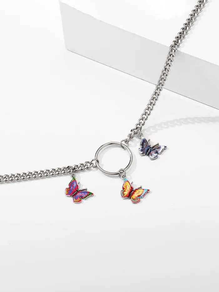 Yellow Chimes Earrings Yellow Chimes Necklace For Women Silver Tone Linked Chain With Multicolor Three Butterfly Charm Hanging Necklace For Women and Girls