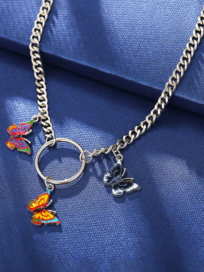 Yellow Chimes Earrings Yellow Chimes Necklace For Women Silver Tone Linked Chain With Multicolor Three Butterfly Charm Hanging Necklace For Women and Girls