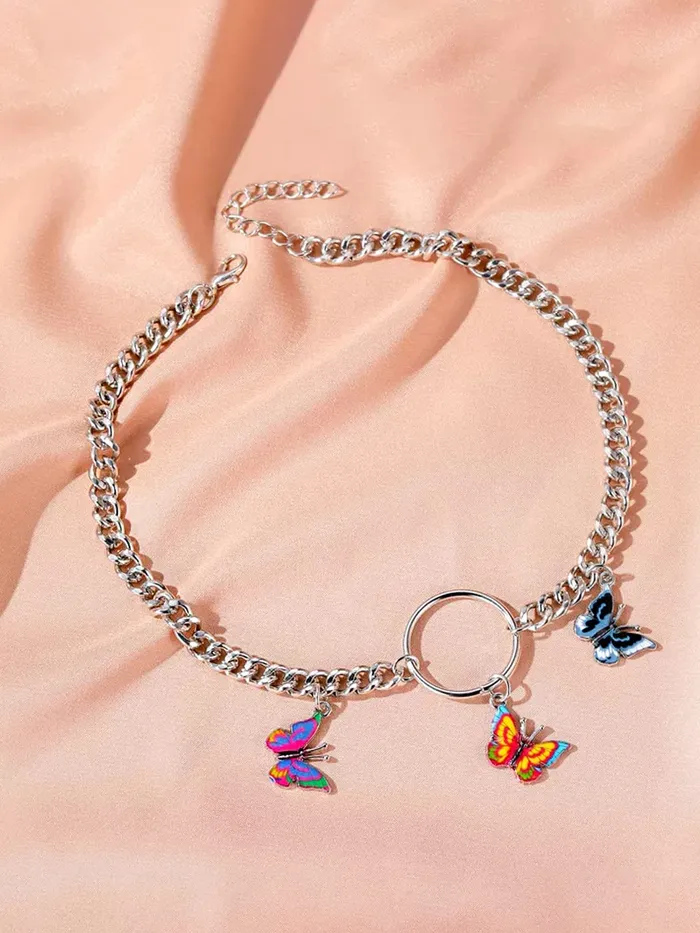 Yellow Chimes Earrings Yellow Chimes Necklace For Women Silver Tone Linked Chain With Multicolor Three Butterfly Charm Hanging Necklace For Women and Girls