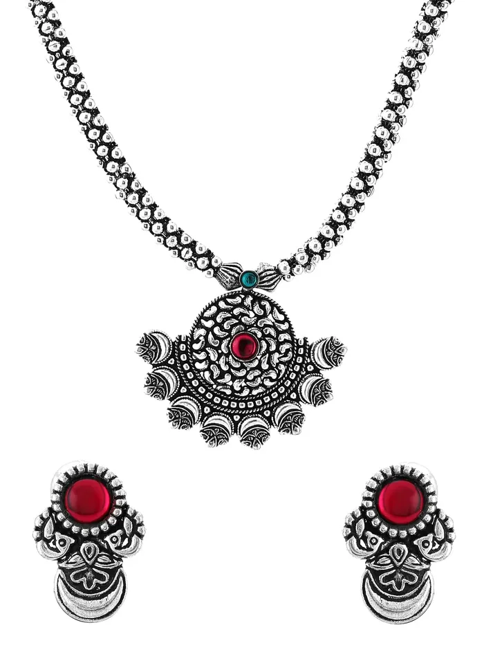Yellow Chimes Earrings Yellow Chimes Oxidised Jewellery Set for Women Authentic Kolhapuri Work Handmade Silver Traditional Necklace Sets for Women and Girls
