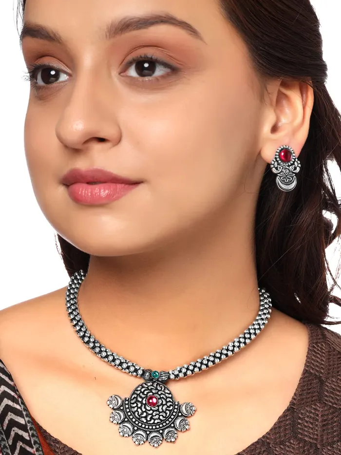 Yellow Chimes Earrings Yellow Chimes Oxidised Jewellery Set for Women Authentic Kolhapuri Work Handmade Silver Traditional Necklace Sets for Women and Girls