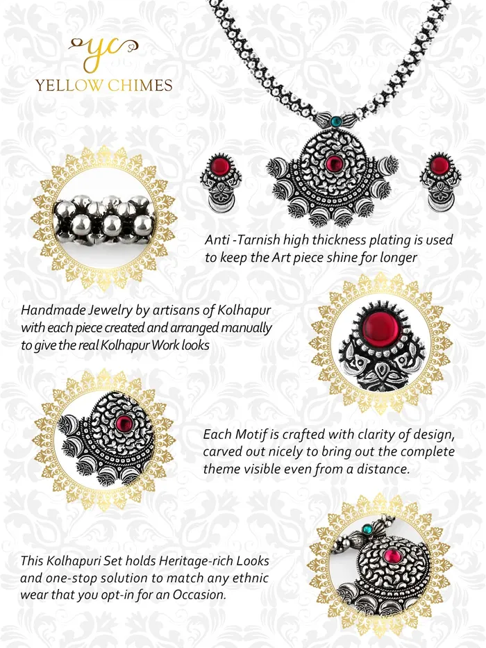 Yellow Chimes Earrings Yellow Chimes Oxidised Jewellery Set for Women Authentic Kolhapuri Work Handmade Silver Traditional Necklace Sets for Women and Girls