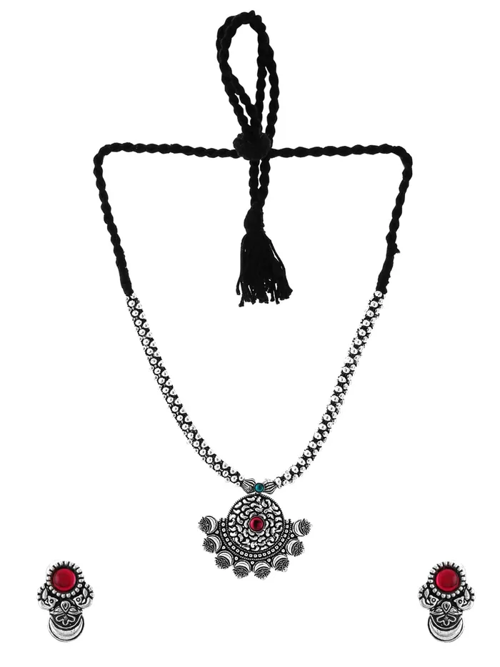 Yellow Chimes Earrings Yellow Chimes Oxidised Jewellery Set for Women Authentic Kolhapuri Work Handmade Silver Traditional Necklace Sets for Women and Girls