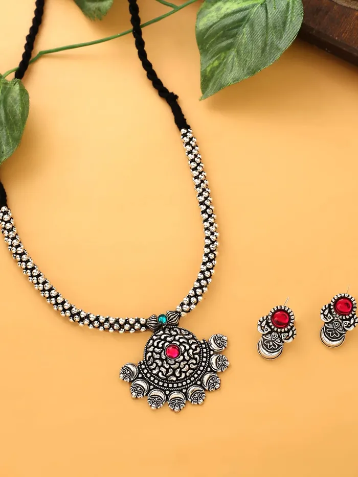 Yellow Chimes Earrings Yellow Chimes Oxidised Jewellery Set for Women Authentic Kolhapuri Work Handmade Silver Traditional Necklace Sets for Women and Girls