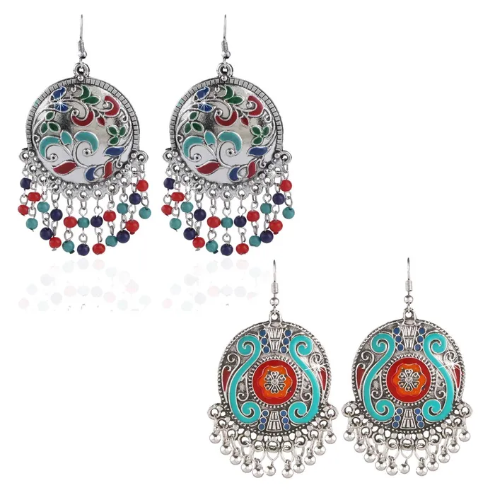 Yellow Chimes Earrings Yellow Chimes Stylish Meenakari COMBO Silver Oxidized Antique Chandbali Earrings for Women and Girls