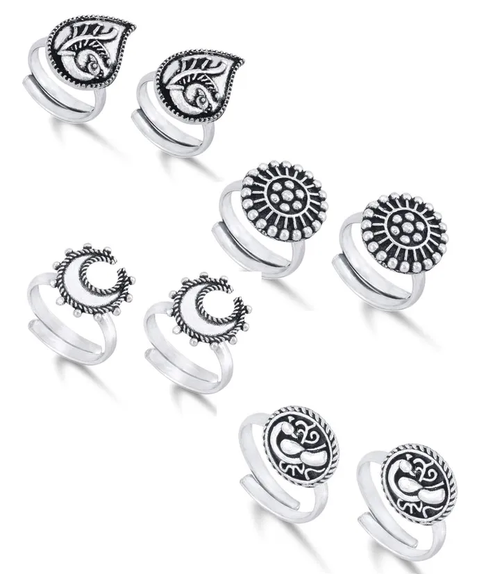 Yellow Chimes Earrings Yellow Chimes Toe Rings Set for Women Silver Oxidised Toe Ring Set 4 Pairs Combo German Silver Adjustable Toe Ring for Women and Girls