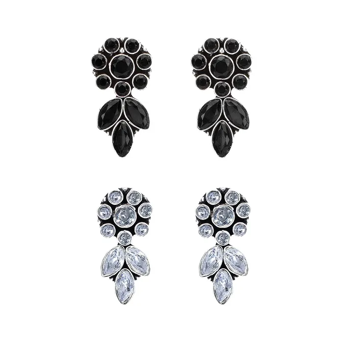 Yellow Chimes Earrings Yellow Chimes Two pairs Ethnic German Silver Oxidised Black and White Flower and Leaf Design Traditional Drop Earrings for Women And Girls