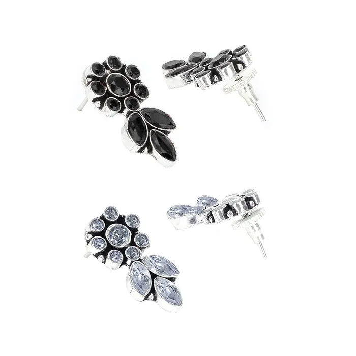 Yellow Chimes Earrings Yellow Chimes Two pairs Ethnic German Silver Oxidised Black and White Flower and Leaf Design Traditional Drop Earrings for Women And Girls