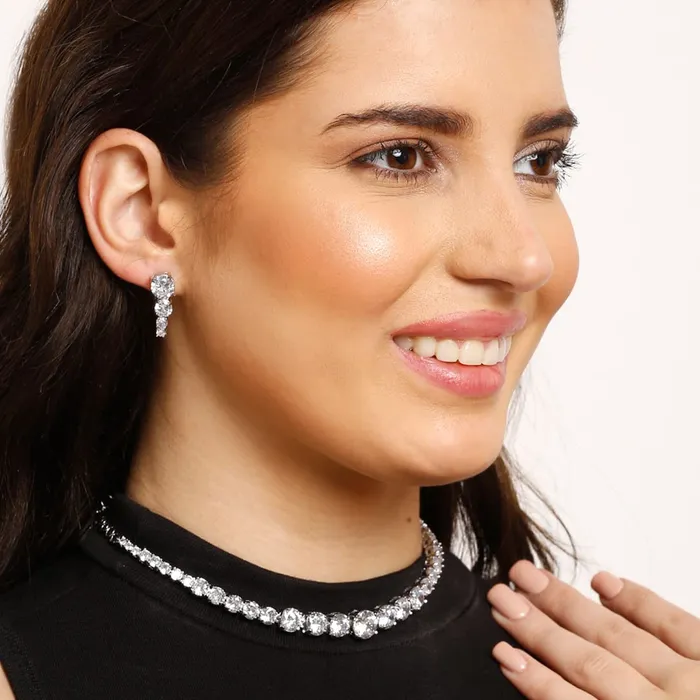 Yellow Chimes Earrings Yellow Chimes Womens Traditional Pink American Diamond Rose Gold Plated AD Necklace Set