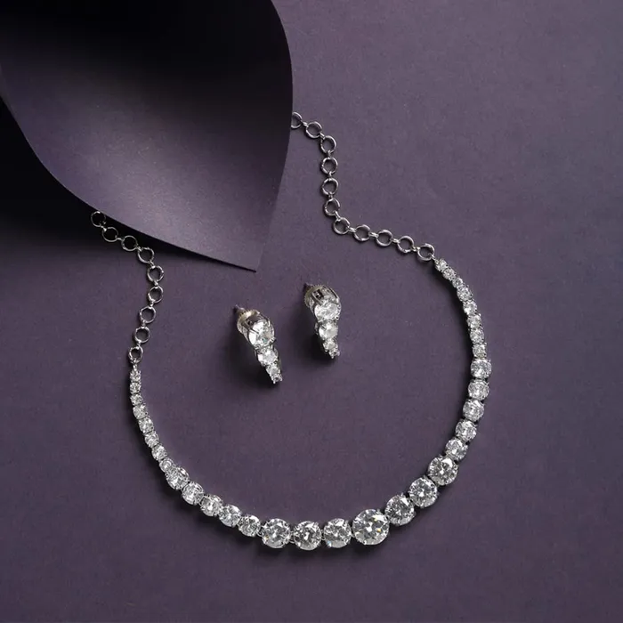 Yellow Chimes Earrings Yellow Chimes Womens Traditional Pink American Diamond Rose Gold Plated AD Necklace Set