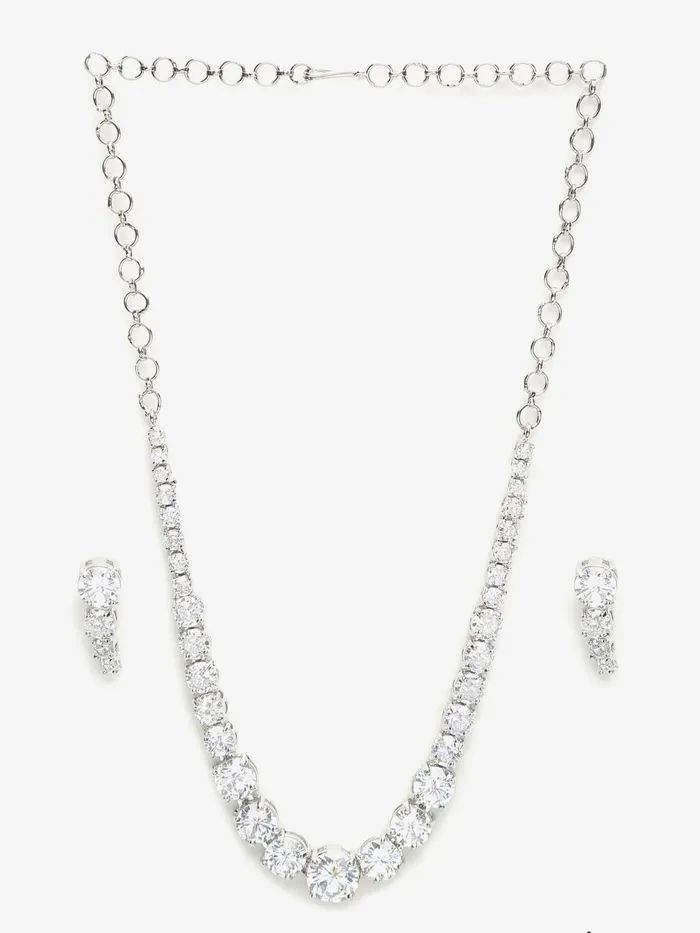 Yellow Chimes Earrings Yellow Chimes Womens Traditional Pink American Diamond Rose Gold Plated AD Necklace Set