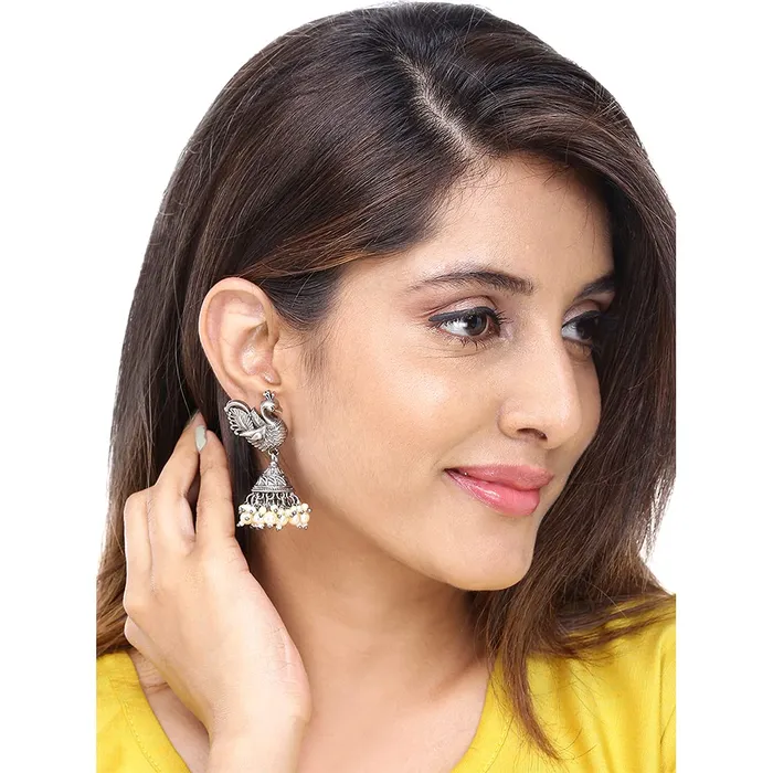 Yellow Chimes Ethnic German Silver Oxidised Peacock Design Pearl Traditional Jhumka Earrings for Women And Girls Medium Model Number YCTJER5OXDPKPRLSL Yellow Chimes Rings