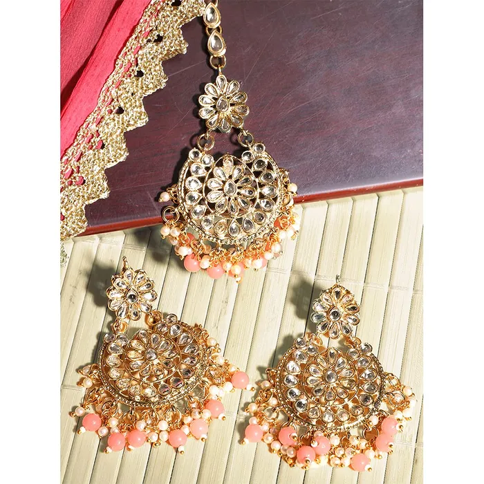 Yellow Chimes Ethnic Gold Plated Traditional Studded Stone Beads Meenakari Chandbali Earrings with Maangtikka for Women and Girls Design 11 Yellow Chimes Earrings