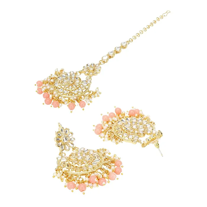 Yellow Chimes Ethnic Gold Plated Traditional Studded Stone Beads Meenakari Chandbali Earrings with Maangtikka for Women and Girls Design 11 Yellow Chimes Earrings