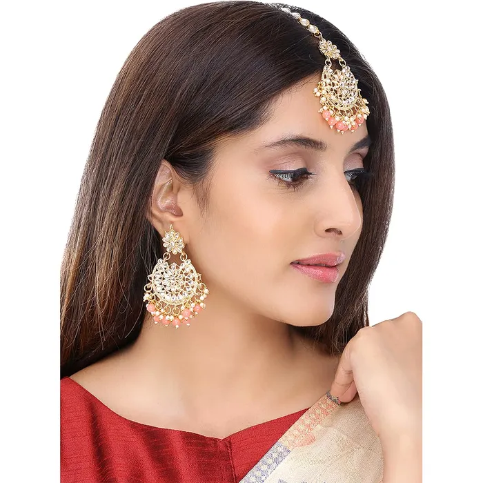 Yellow Chimes Ethnic Gold Plated Traditional Studded Stone Beads Meenakari Chandbali Earrings with Maangtikka for Women and Girls Design 11 Yellow Chimes Earrings