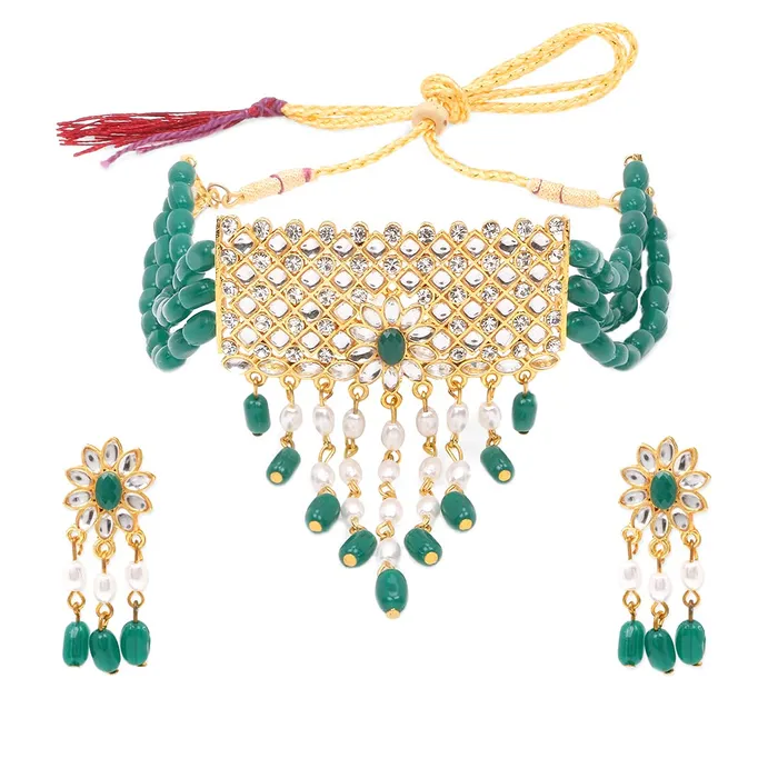 Yellow Chimes Ethnic Green Kundan Studded Stones Multilayer Jewellery Set Gold Plated Traditional Choker Necklace Set for women Girls Green Yellow Chimes Earrings