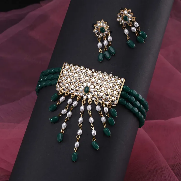 Yellow Chimes Ethnic Green Kundan Studded Stones Multilayer Jewellery Set Gold Plated Traditional Choker Necklace Set for women Girls Green Yellow Chimes Earrings