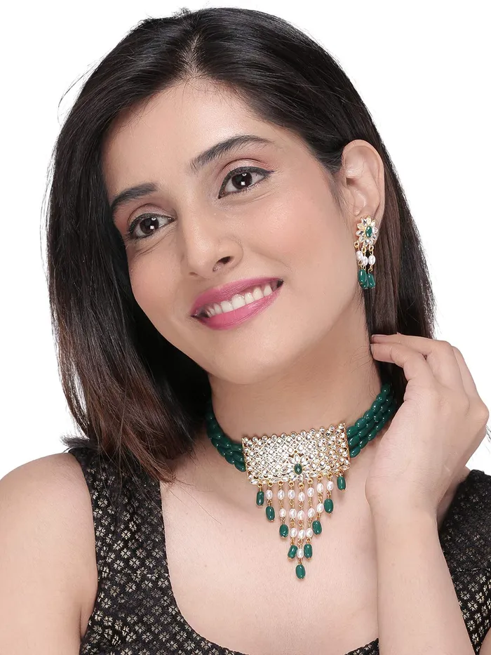 Yellow Chimes Ethnic Green Kundan Studded Stones Multilayer Jewellery Set Gold Plated Traditional Choker Necklace Set for women Girls Green Yellow Chimes Earrings
