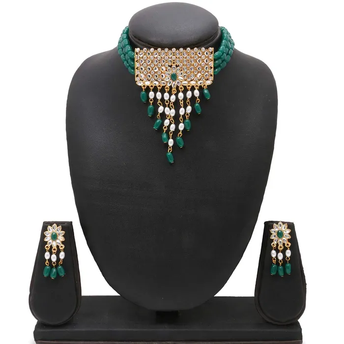 Yellow Chimes Ethnic Green Kundan Studded Stones Multilayer Jewellery Set Gold Plated Traditional Choker Necklace Set for women Girls Green Yellow Chimes Earrings