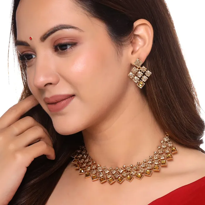 Yellow Chimes Jewellery Set for Women and Girls Crystal Jewellery Set for Women Gold Plated Multilayer Choker Necklace Set Birthday Gift for girls and women Anniversary Gift for Wife Yellow Chimes Earrings