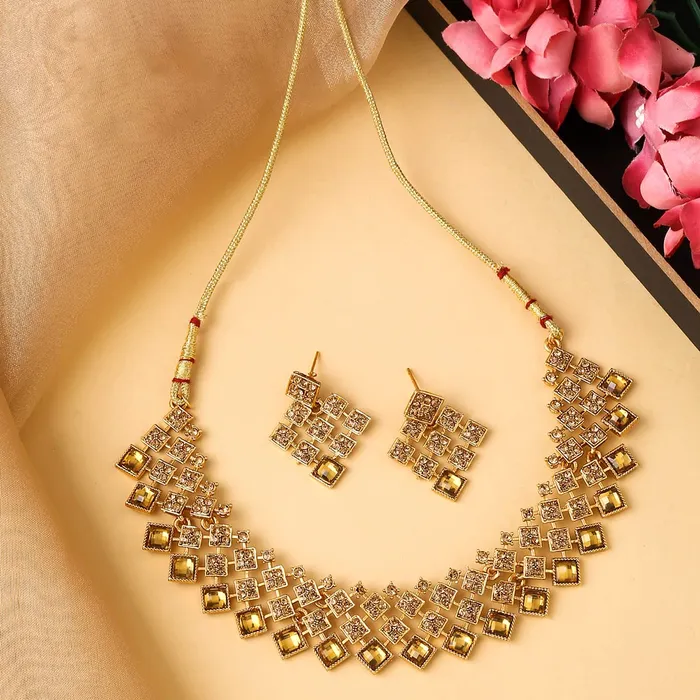 Yellow Chimes Jewellery Set for Women and Girls Crystal Jewellery Set for Women Gold Plated Multilayer Choker Necklace Set Birthday Gift for girls and women Anniversary Gift for Wife Yellow Chimes Earrings