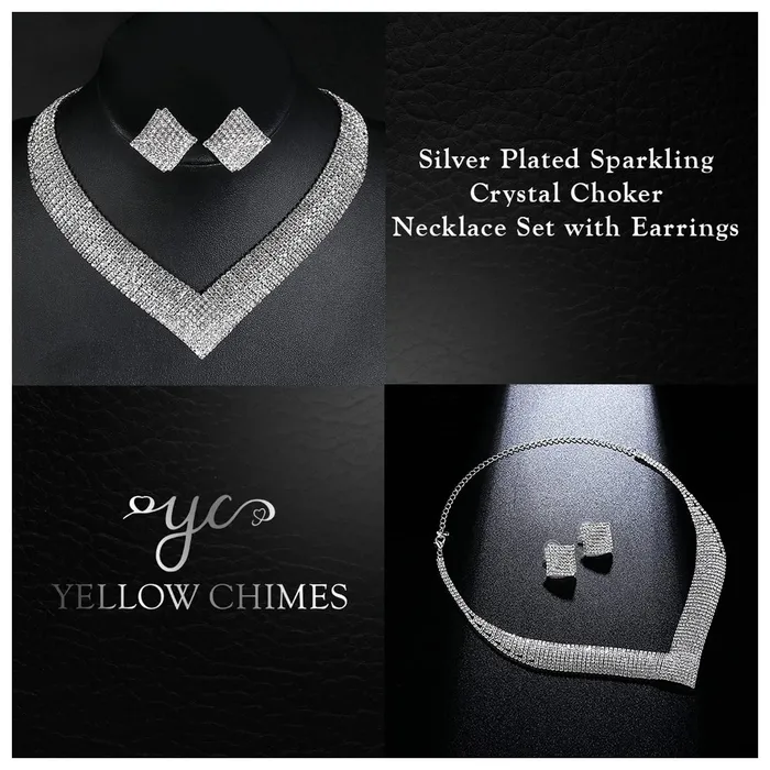 Yellow Chimes Jewellery Set for Women and Girls Fashion White Crystal Jewellery Set for Women Silver Toned Crystal Choker Necklace Set Birthday Gifts For Women Valentine Gift for Girls Yellow Chimes Necklaces