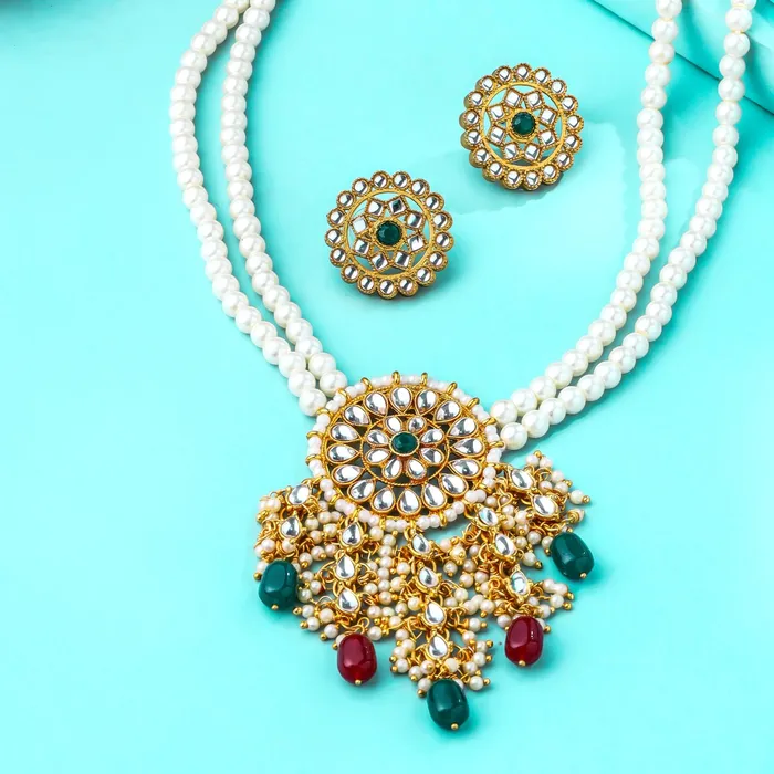 Yellow Chimes Jewellery Set for Women and Girls Kundan Necklace Set Gold Plated Kundan Studded Beads Beaded Necklace Set Birthday Gift for girls and women Anniversary Gift for Wife Yellow Chimes Earrings