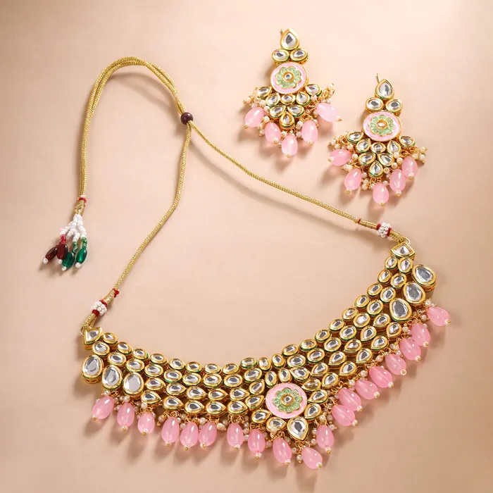 Yellow Chimes Jewellery Set for Women and Girls Kundans Necklace Set Gold Plated Kundan Choker Pink Beads Drop Necklace Set Birthday Gift for girls and women Anniversary Gift for Wife Yellow Chimes Necklaces