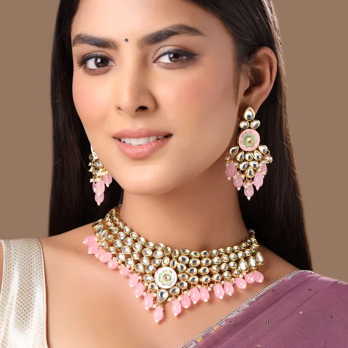 Yellow Chimes Jewellery Set for Women and Girls Kundans Necklace Set Gold Plated Kundan Choker Pink Beads Drop Necklace Set Birthday Gift for girls and women Anniversary Gift for Wife Yellow Chimes Necklaces