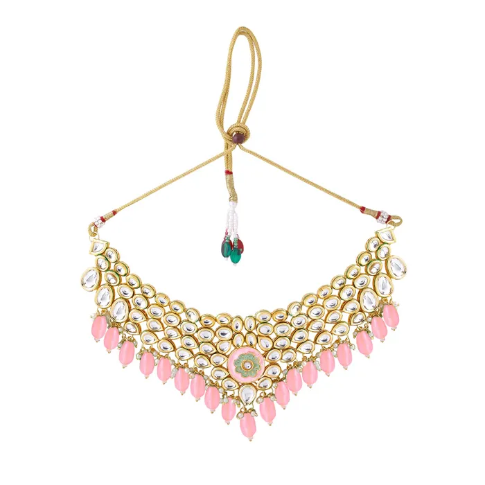 Yellow Chimes Jewellery Set for Women and Girls Kundans Necklace Set Gold Plated Kundan Choker Pink Beads Drop Necklace Set Birthday Gift for girls and women Anniversary Gift for Wife Yellow Chimes Necklaces
