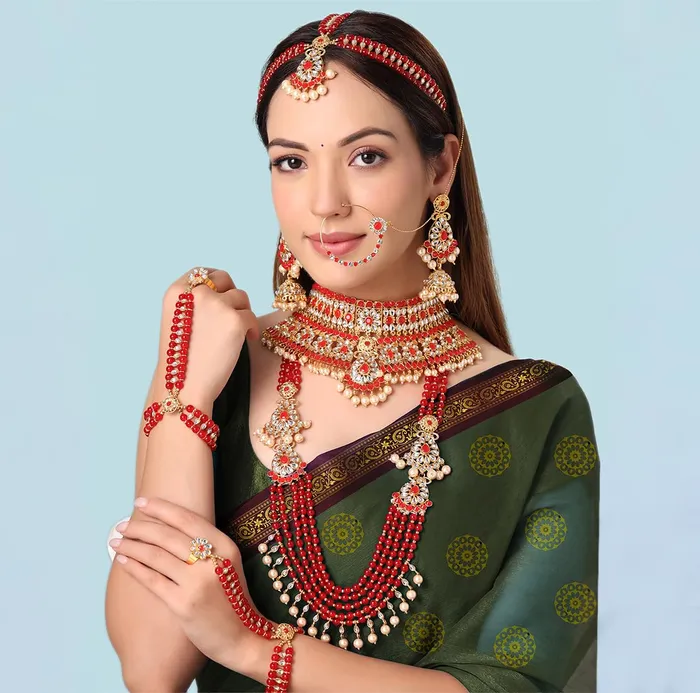Yellow Chimes Jewellery Set for Women and Girls Traditional Kundan Dulhan Bridal Jewellery Set Red Beads Layered Choker Necklace Set for Wedding Gold Plated Bridal Set for Women Yellow Chimes Watches