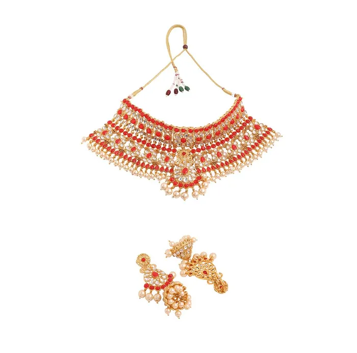 Yellow Chimes Jewellery Set for Women and Girls Traditional Kundan Dulhan Bridal Jewellery Set Red Beads Layered Choker Necklace Set for Wedding Gold Plated Bridal Set for Women Yellow Chimes Watches
