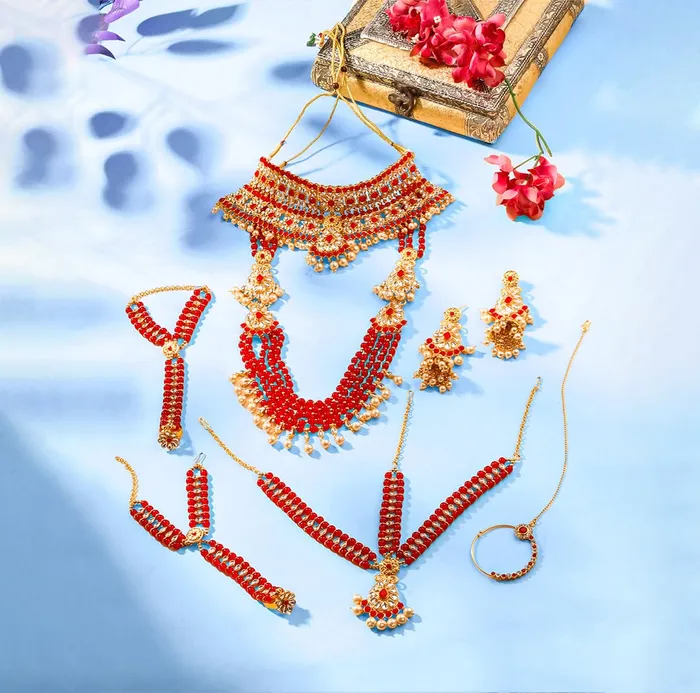 Yellow Chimes Jewellery Set for Women and Girls Traditional Kundan Dulhan Bridal Jewellery Set Red Beads Layered Choker Necklace Set for Wedding Gold Plated Bridal Set for Women Yellow Chimes Watches