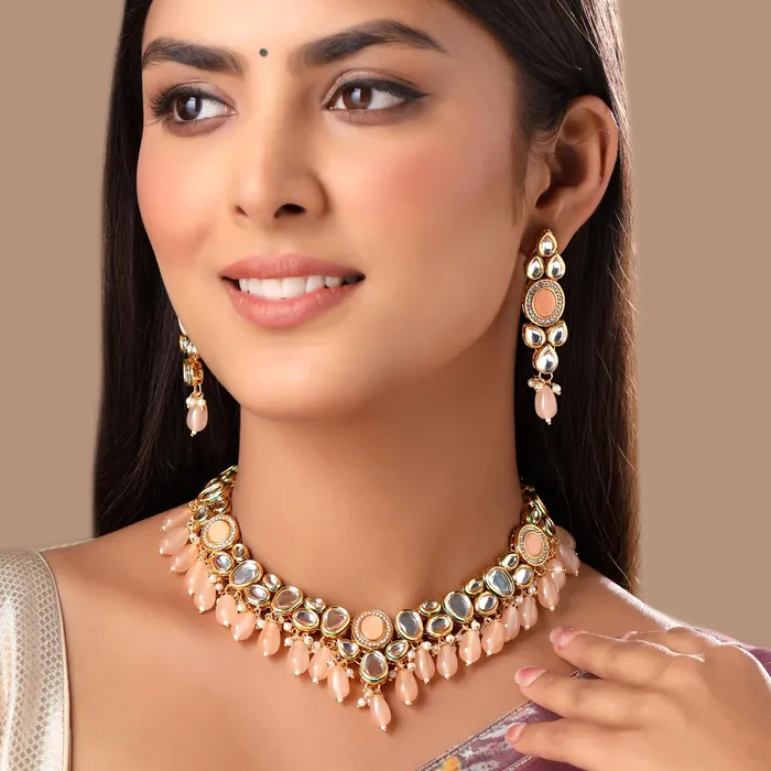 Yellow Chimes Jewellery Set for Women and Girls Traditional Peach Beads Necklace Set for Women Gold Plated Choker Necklace Set Birthday Gift for girls women Anniversary Gift for Wife Yellow Chimes Earrings