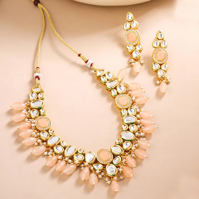 Yellow Chimes Jewellery Set for Women and Girls Traditional Peach Beads Necklace Set for Women Gold Plated Choker Necklace Set Birthday Gift for girls women Anniversary Gift for Wife Yellow Chimes Earrings
