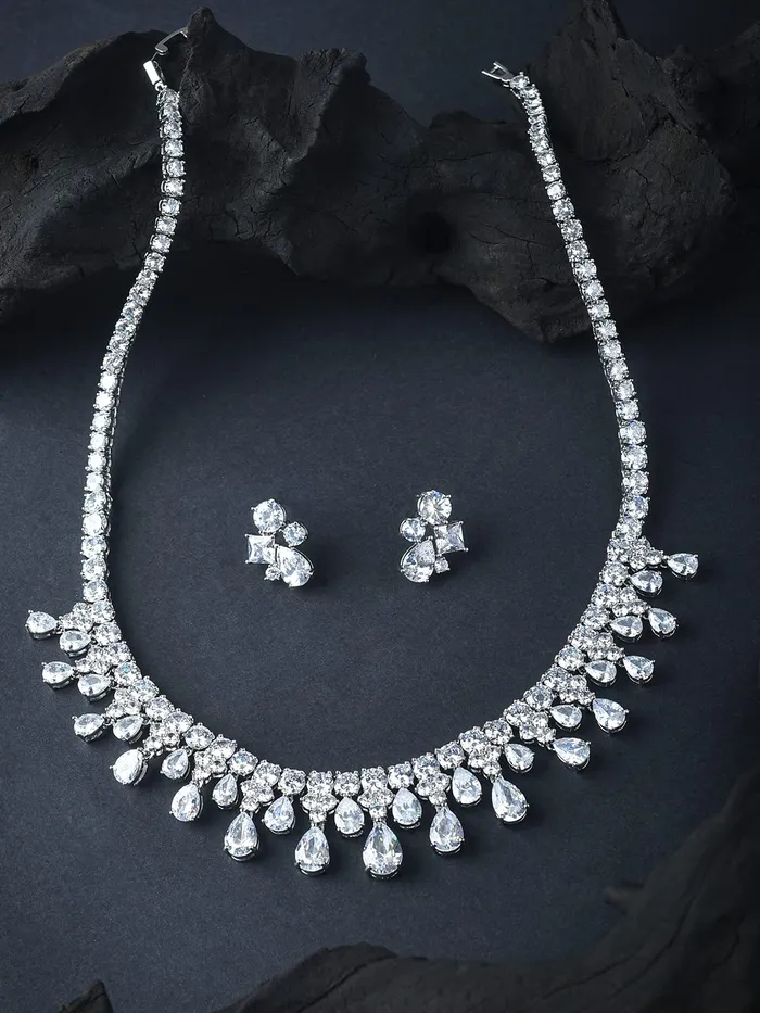 Yellow Chimes Jewellery Set for Women Rhodium Plated White Real Cubic Zircon Necklace Set Floral Design Classic CZ Jewellery Set For Women and Girls Yellow Chimes Necklaces