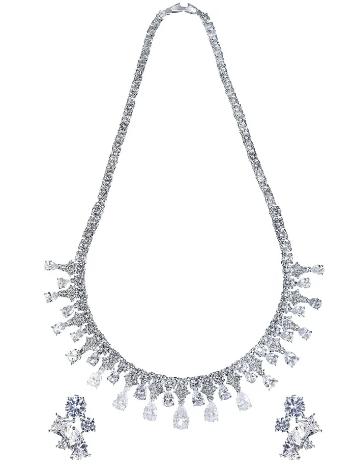 Yellow Chimes Jewellery Set for Women Rhodium Plated White Real Cubic Zircon Necklace Set Floral Design Classic CZ Jewellery Set For Women and Girls Yellow Chimes Necklaces
