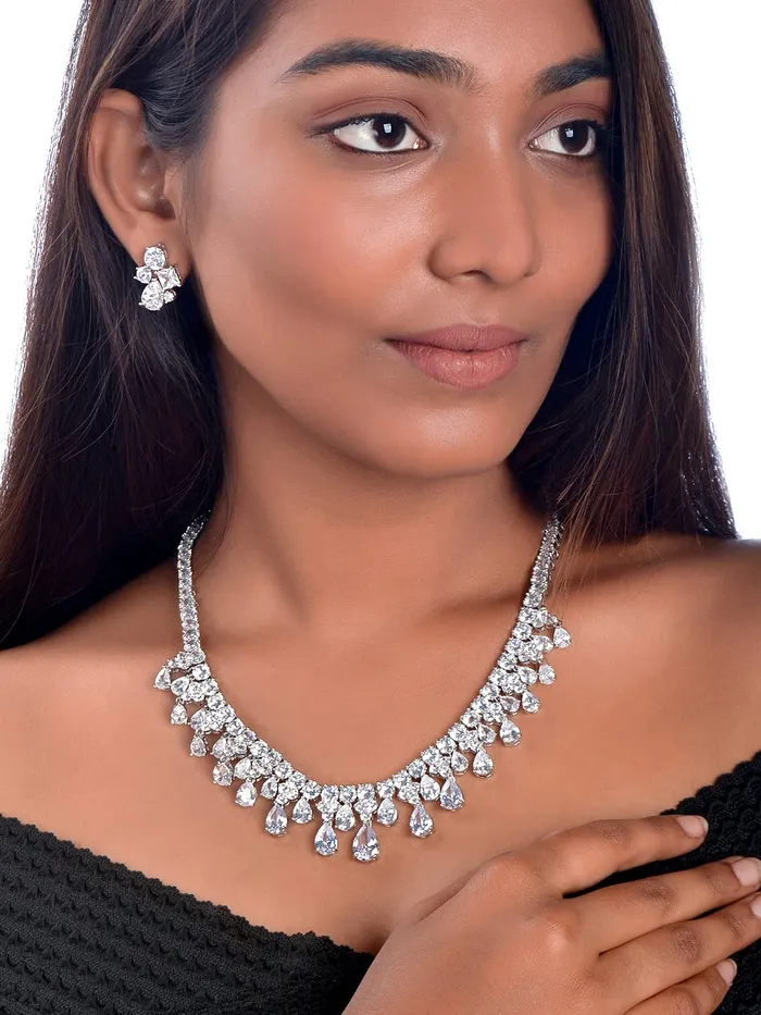Yellow Chimes Jewellery Set for Women Rhodium Plated White Real Cubic Zircon Necklace Set Floral Design Classic CZ Jewellery Set For Women and Girls Yellow Chimes Necklaces