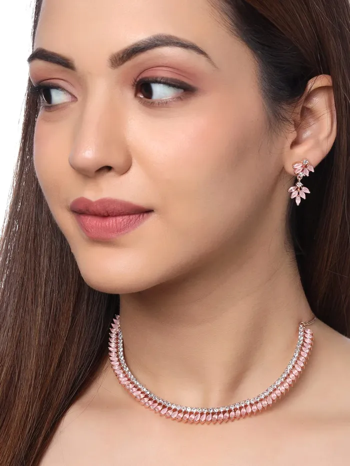 Yellow Chimes Jewellery Set For Women Rose Gold Toned ADAmerican Diamond Studded Necklace Set For Women and Girls Yellow Chimes Necklaces