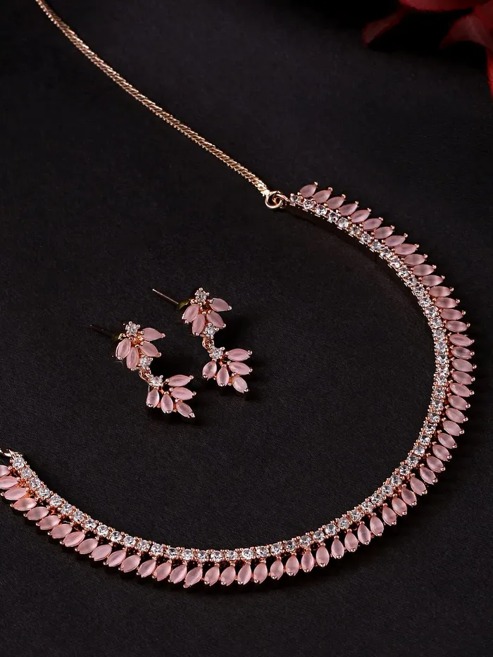 Yellow Chimes Jewellery Set For Women Rose Gold Toned ADAmerican Diamond Studded Necklace Set For Women and Girls Yellow Chimes Necklaces