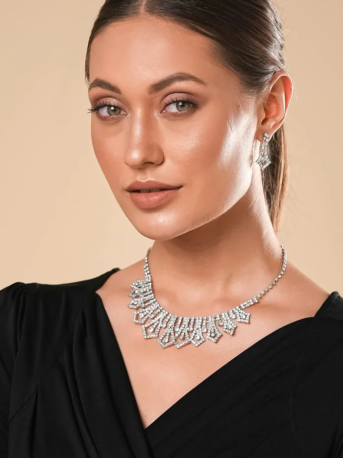 Yellow Chimes Jewellery Set with White Crystal Studded Classic Design Silver Plated Necklace Set for Women and Girls Yellow Chimes Bracelets