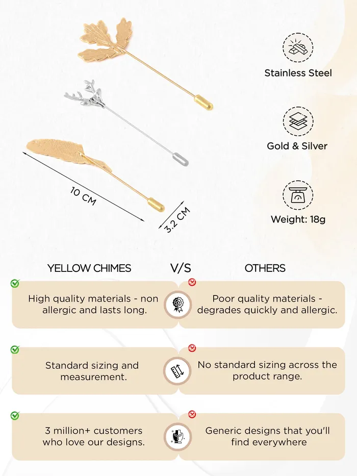 Yellow Chimes Lapel Pin for Men and Boys Leaf Lapel Pin for Men Suit Gold Plated Formal Stainless Steel Golden Lapel Pins Birthday Gift for Men and Boys Anniversary Gift for Husband Yellow Chimes Earrings